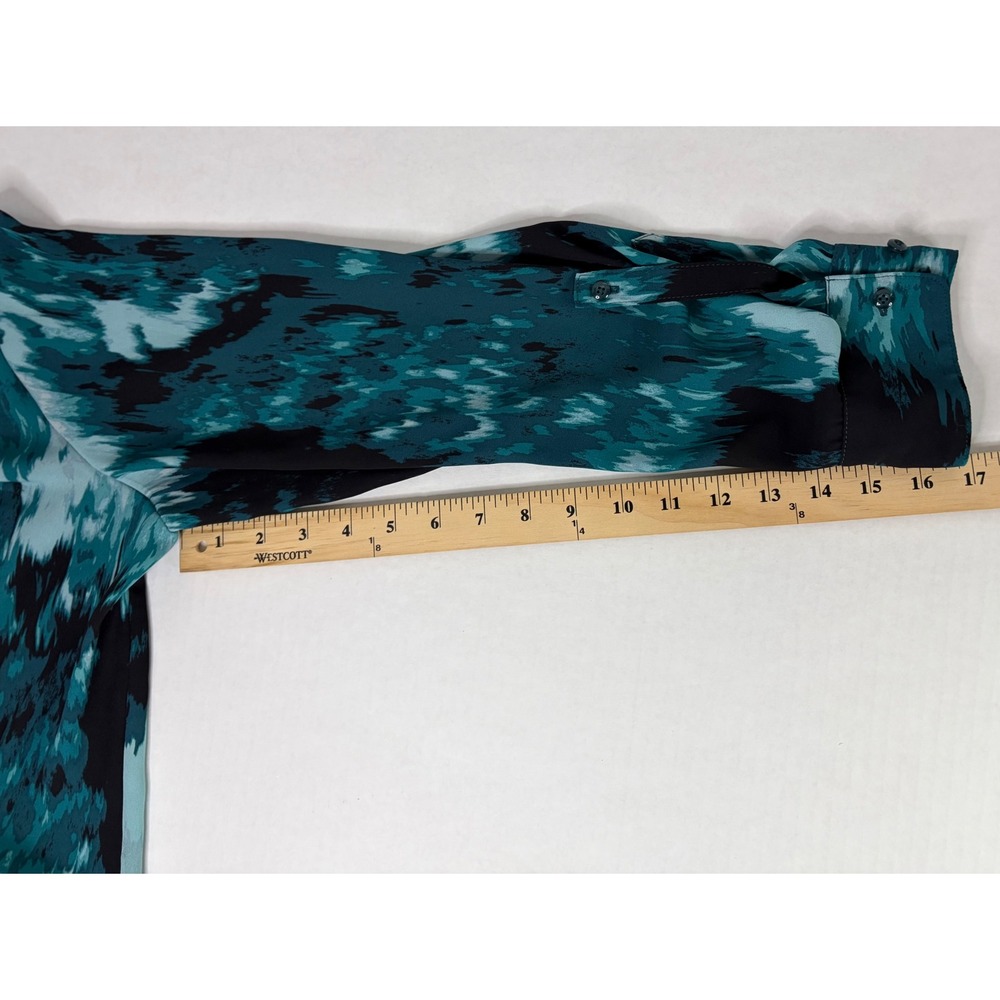 Olivia Investments Teal Black Abstract Print Roll Tab Button Down Blouse Large - Picture 6 of 11